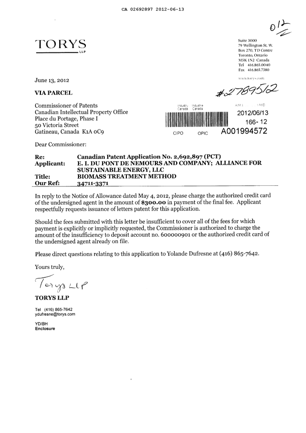 Canadian Patent Document 2692897. Correspondence 20111213. Image 1 of 1