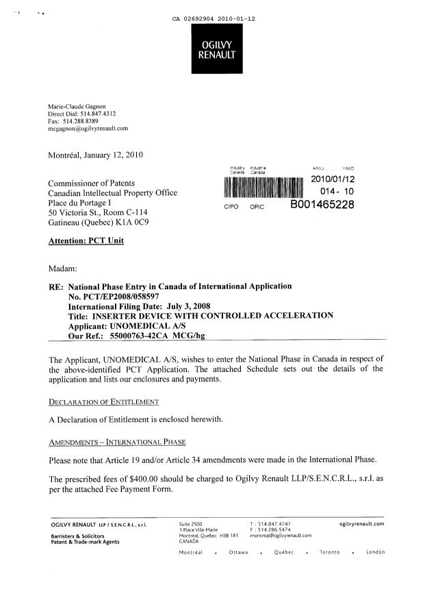 Document de brevet canadien 2692904. Cession 20100112. Image 1 de 5