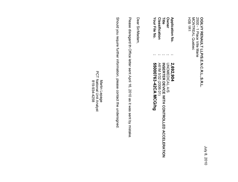 Canadian Patent Document 2692904. Correspondence 20100708. Image 1 of 1