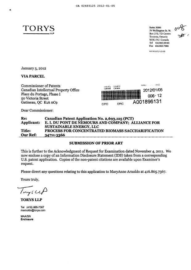Canadian Patent Document 2693125. Prosecution-Amendment 20111205. Image 1 of 1