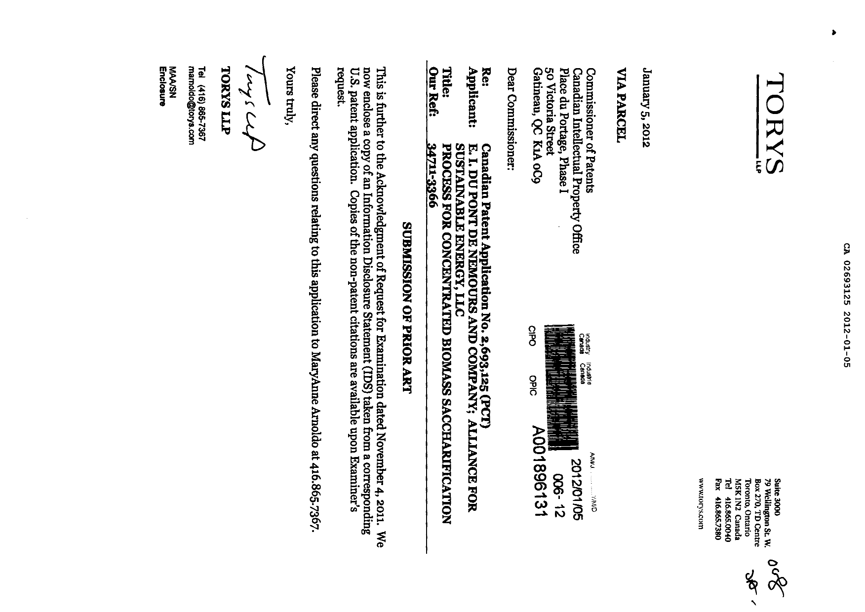 Canadian Patent Document 2693125. Prosecution-Amendment 20111205. Image 1 of 1