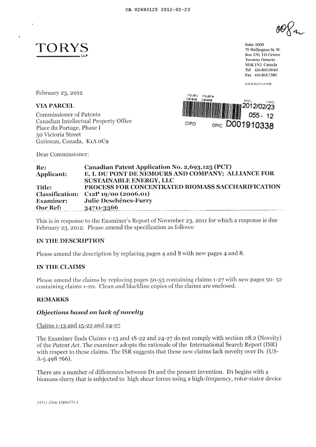 Canadian Patent Document 2693125. Prosecution-Amendment 20111223. Image 1 of 15
