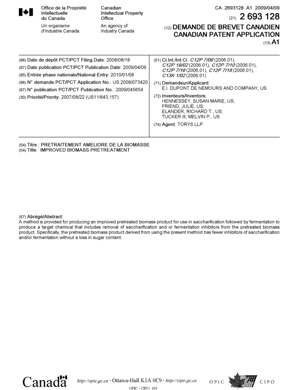 Canadian Patent Document 2693128. Cover Page 20091224. Image 1 of 1