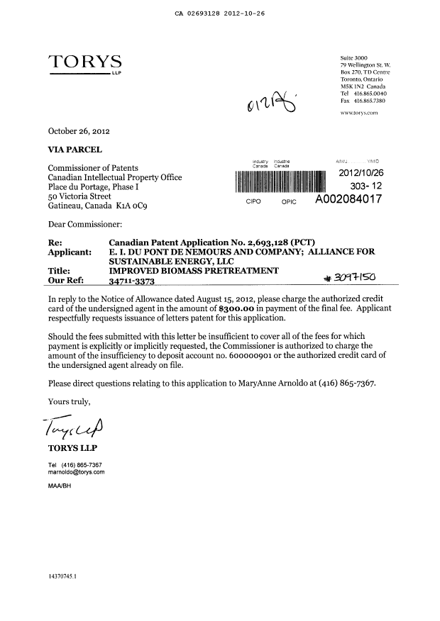 Canadian Patent Document 2693128. Correspondence 20121026. Image 1 of 1