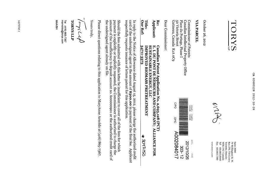 Document de brevet canadien 2693128. Correspondance 20121026. Image 1 de 1