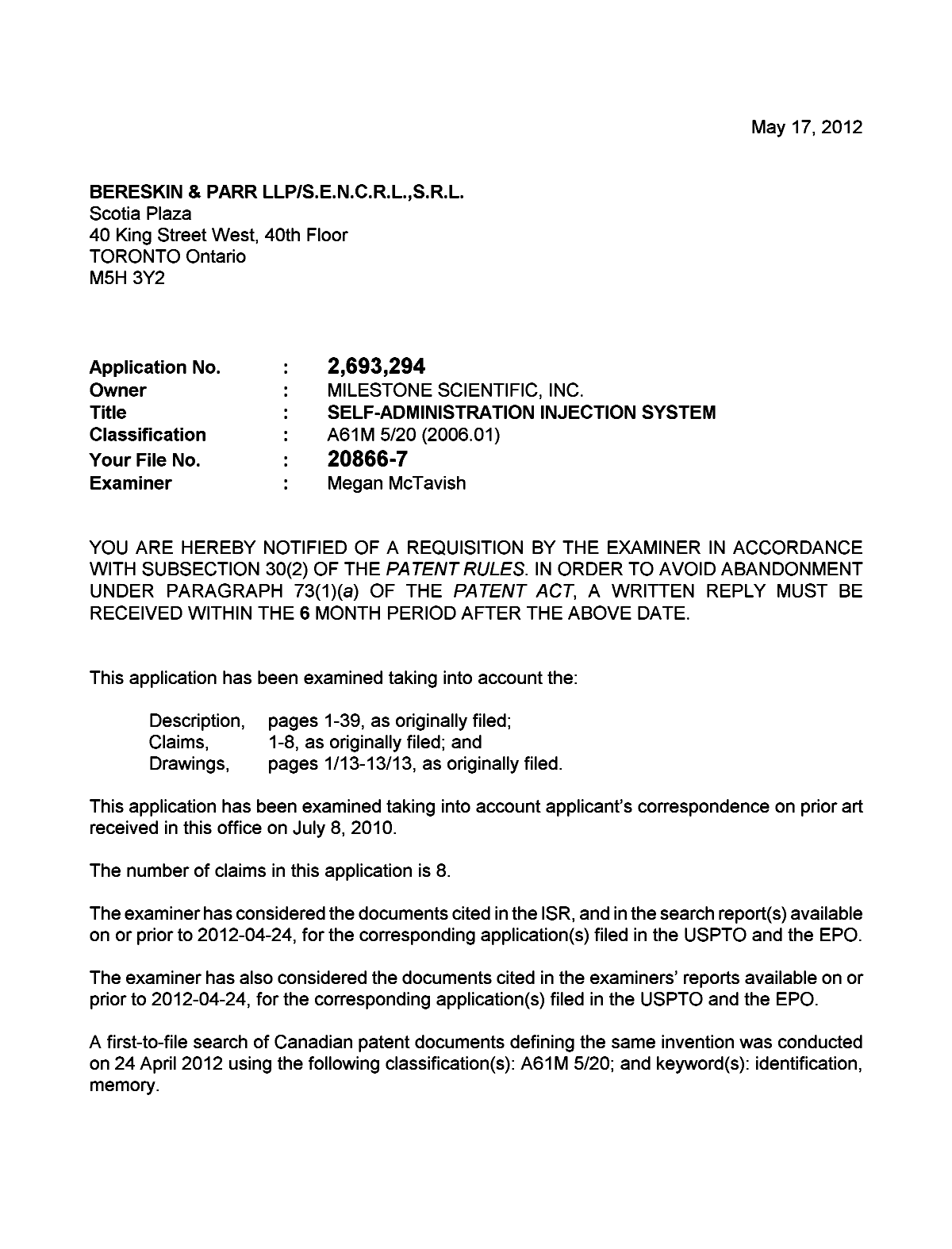 Canadian Patent Document 2693294. Prosecution-Amendment 20120517. Image 1 of 3