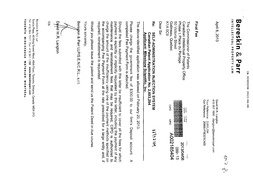 Canadian Patent Document 2693294. Correspondence 20130408. Image 1 of 1