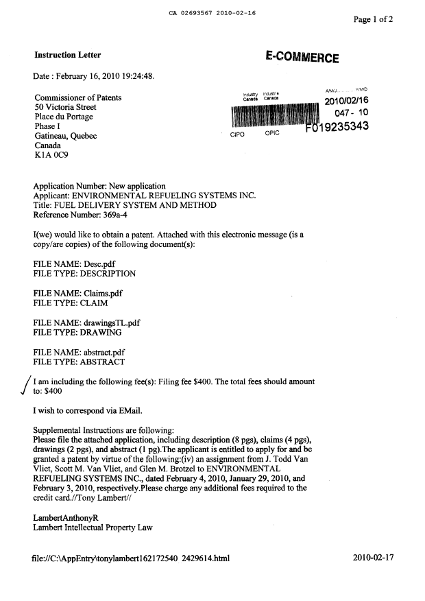 Document de brevet canadien 2693567. Cession 20091216. Image 1 de 3