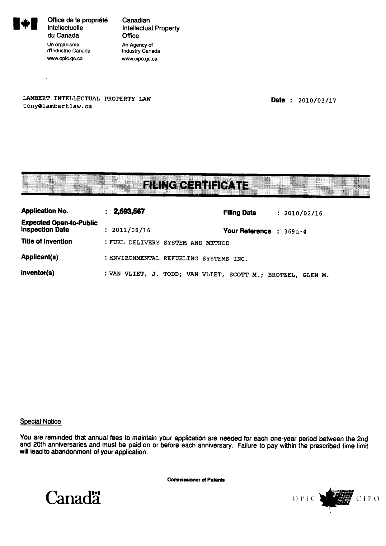 Canadian Patent Document 2693567. Correspondence 20091217. Image 1 of 1
