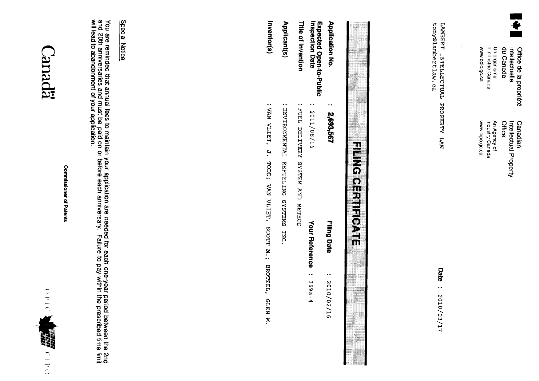 Canadian Patent Document 2693567. Correspondence 20091217. Image 1 of 1
