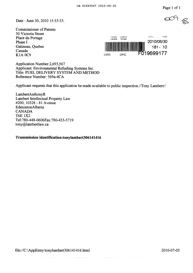 Document de brevet canadien 2693567. Correspondance 20091230. Image 1 de 1