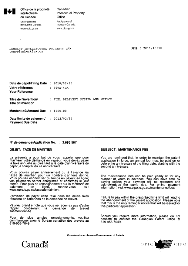 Canadian Patent Document 2693567. Correspondence 20101218. Image 1 of 1