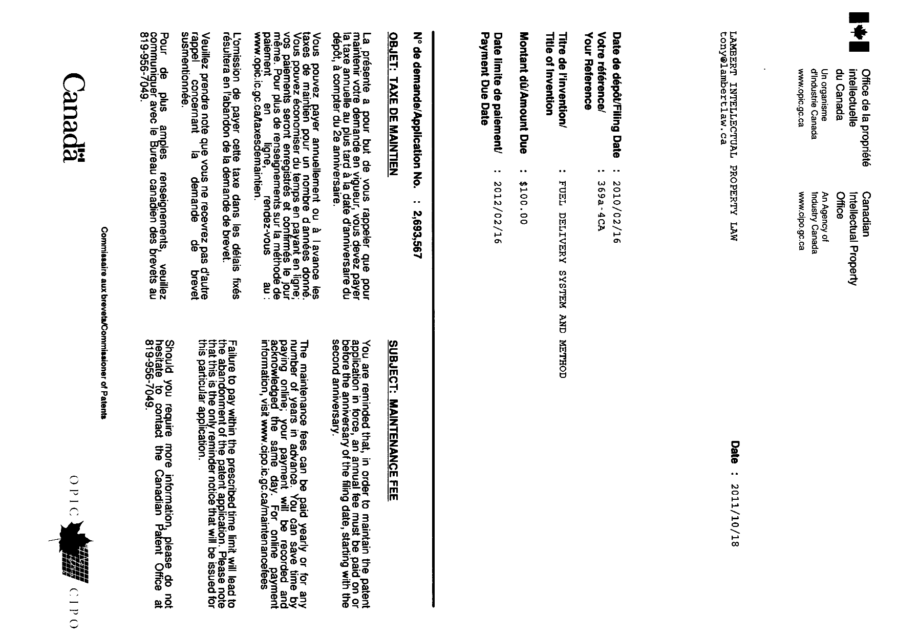 Document de brevet canadien 2693567. Correspondance 20101218. Image 1 de 1