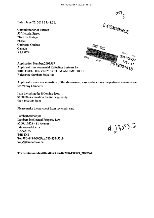 Document de brevet canadien 2693567. Poursuite-Amendment 20101227. Image 1 de 1