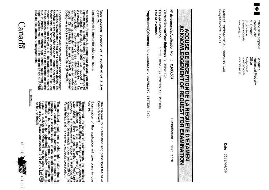 Document de brevet canadien 2693567. Correspondance 20101230. Image 1 de 1
