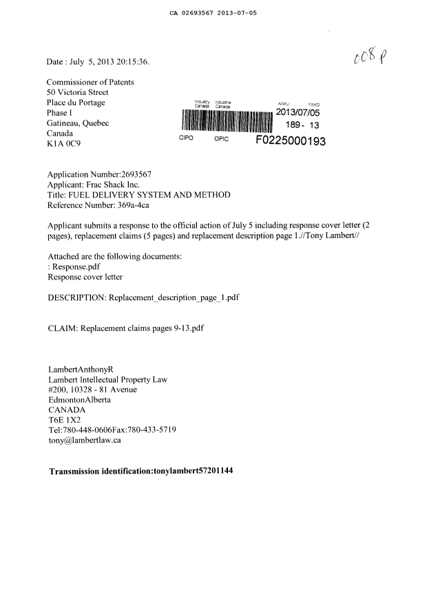 Document de brevet canadien 2693567. Poursuite-Amendment 20121205. Image 1 de 9