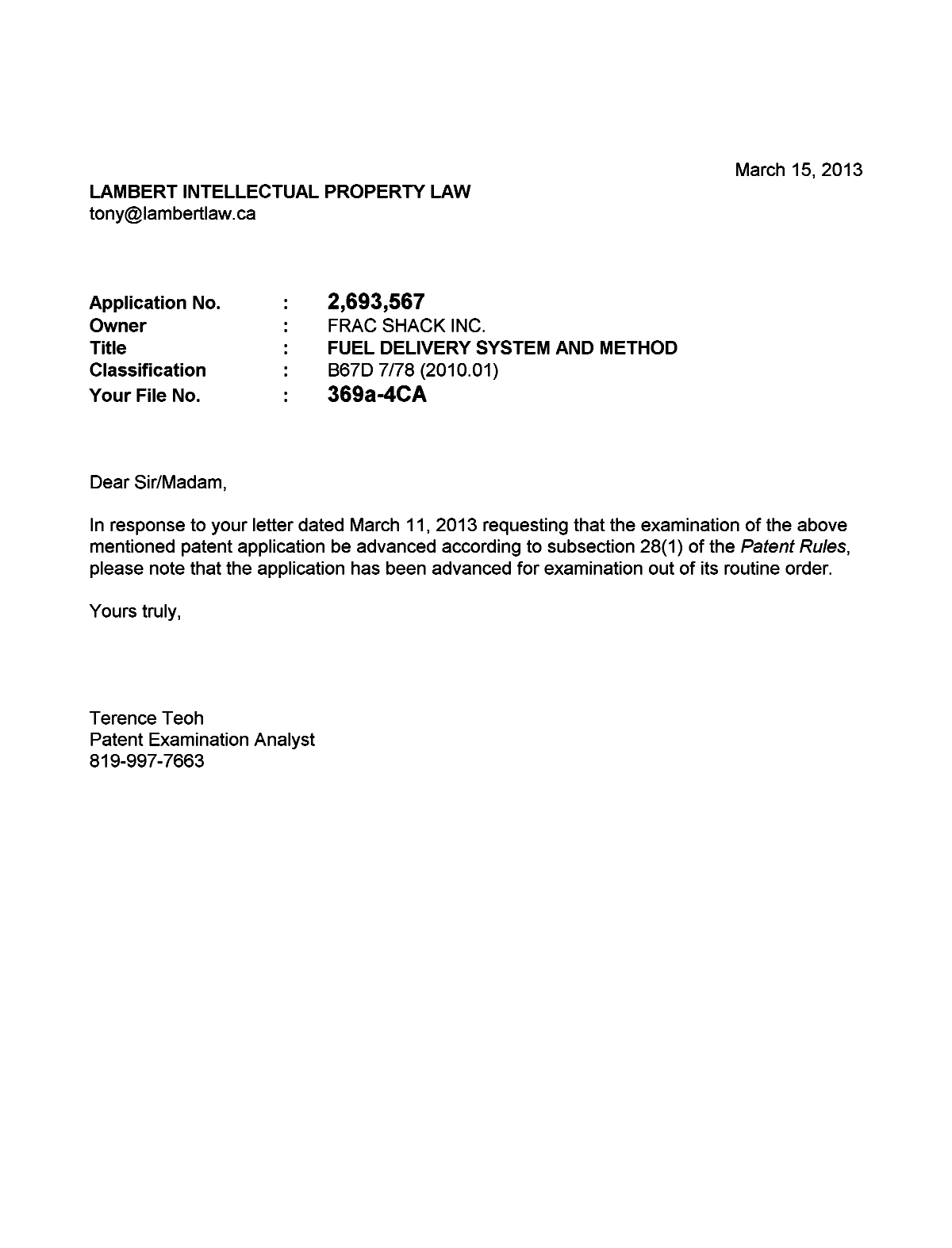 Document de brevet canadien 2693567. Poursuite-Amendment 20121215. Image 1 de 1