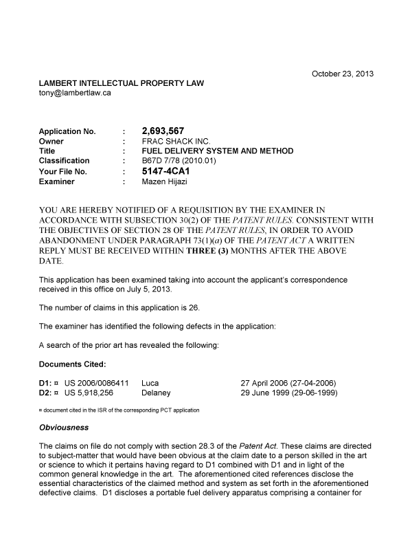 Document de brevet canadien 2693567. Poursuite-Amendment 20121223. Image 1 de 2