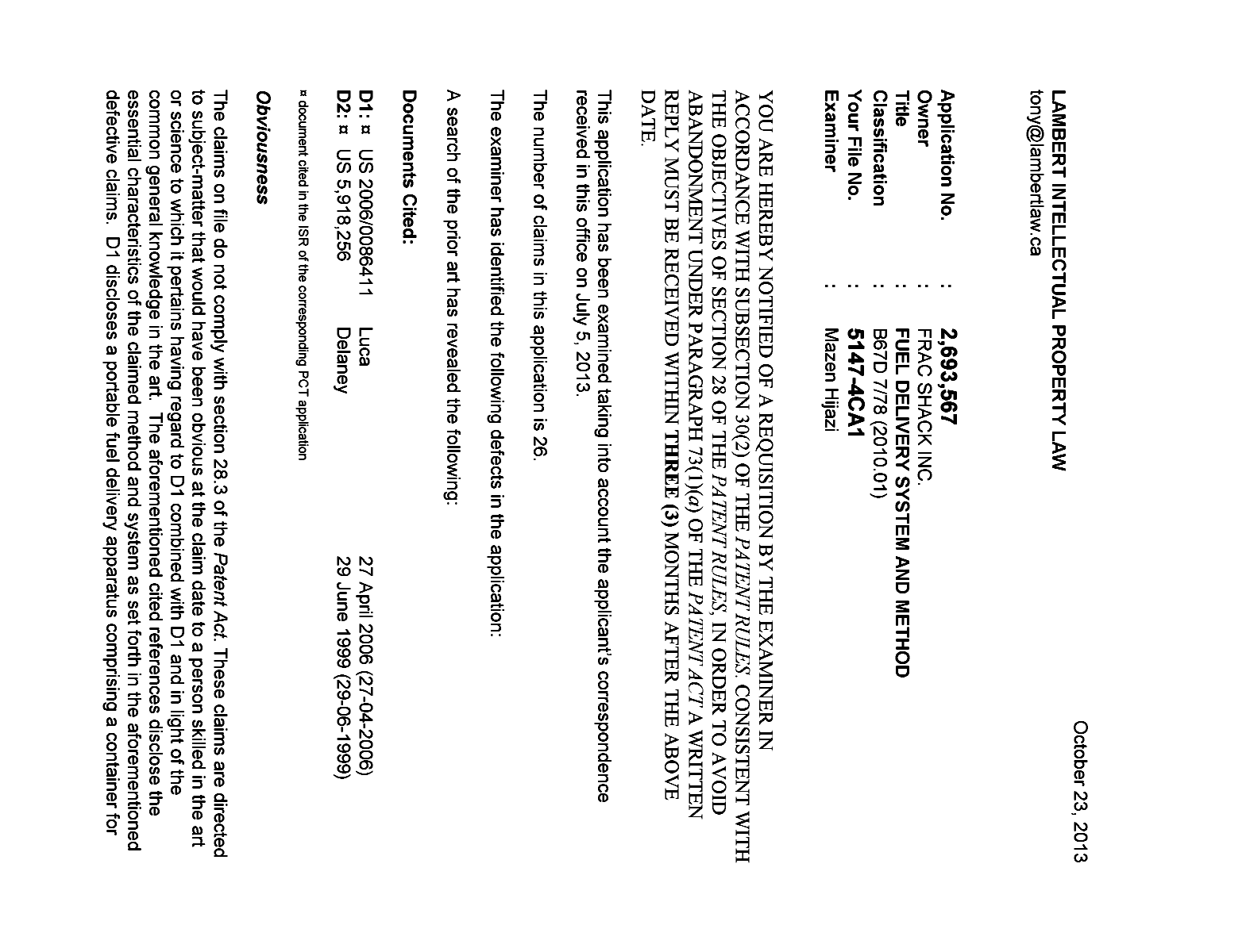 Document de brevet canadien 2693567. Poursuite-Amendment 20121223. Image 1 de 2