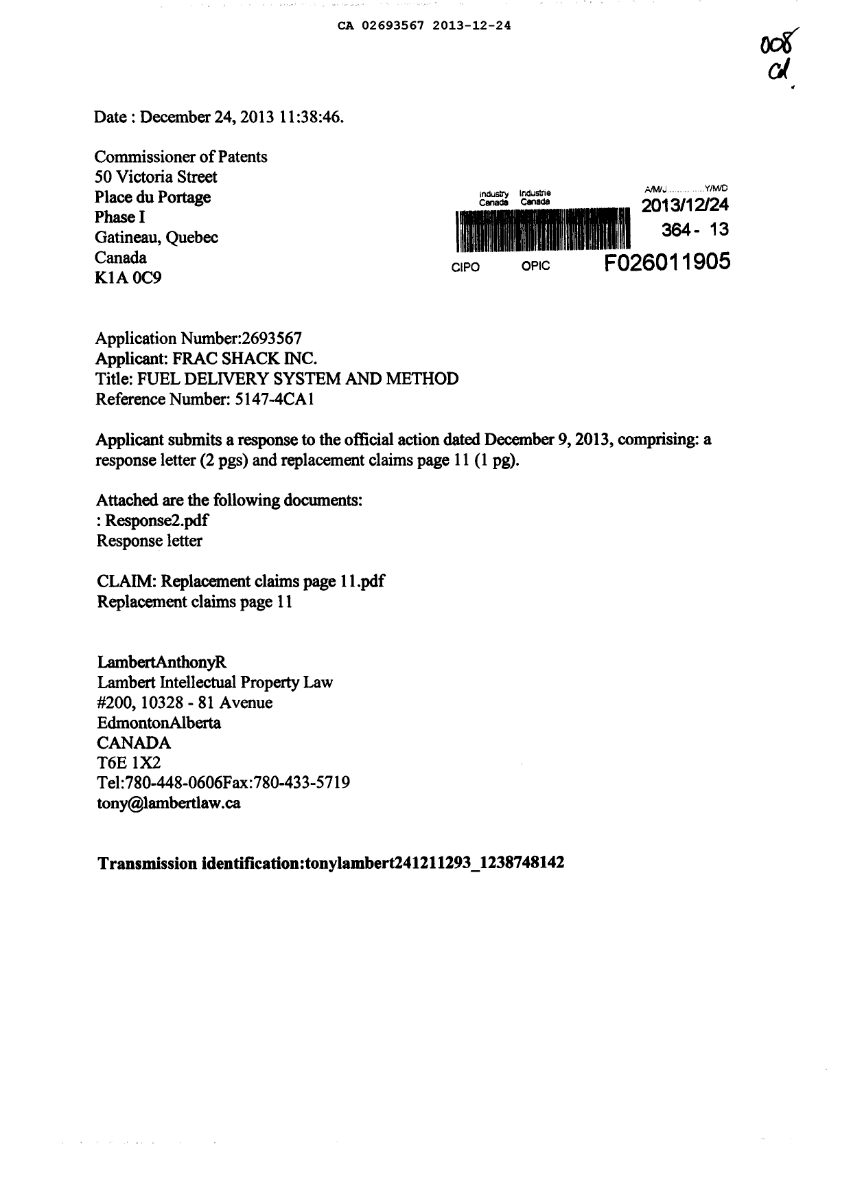 Canadian Patent Document 2693567. Prosecution-Amendment 20121224. Image 1 of 4