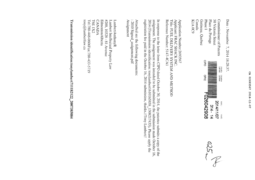 Document de brevet canadien 2693567. Cession 20131207. Image 1 de 2