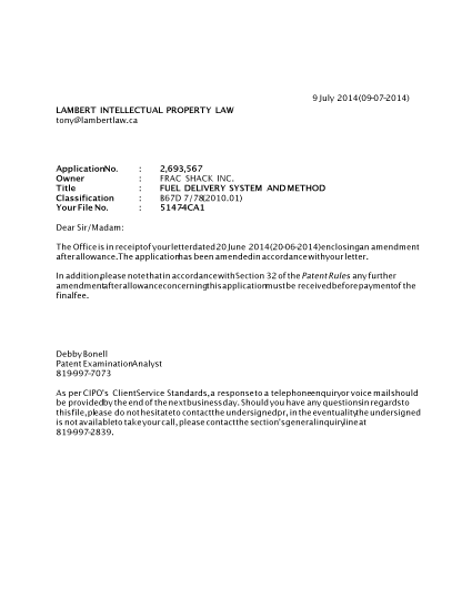 Canadian Patent Document 2693567. Prosecution-Amendment 20131209. Image 1 of 1