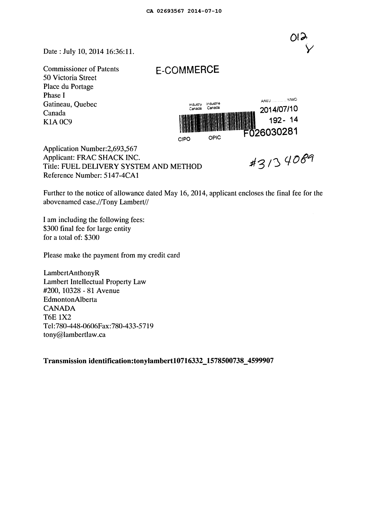 Document de brevet canadien 2693567. Correspondance 20131210. Image 1 de 1