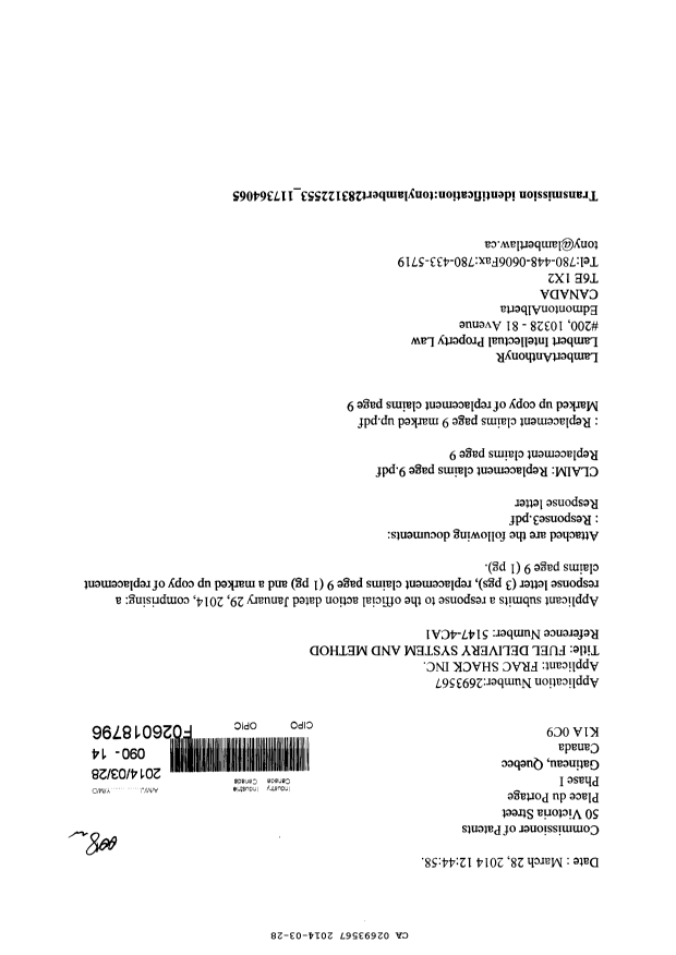 Canadian Patent Document 2693567. Prosecution-Amendment 20131228. Image 1 of 6