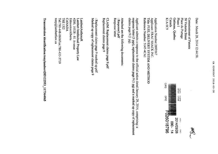 Document de brevet canadien 2693567. Poursuite-Amendment 20131228. Image 1 de 6