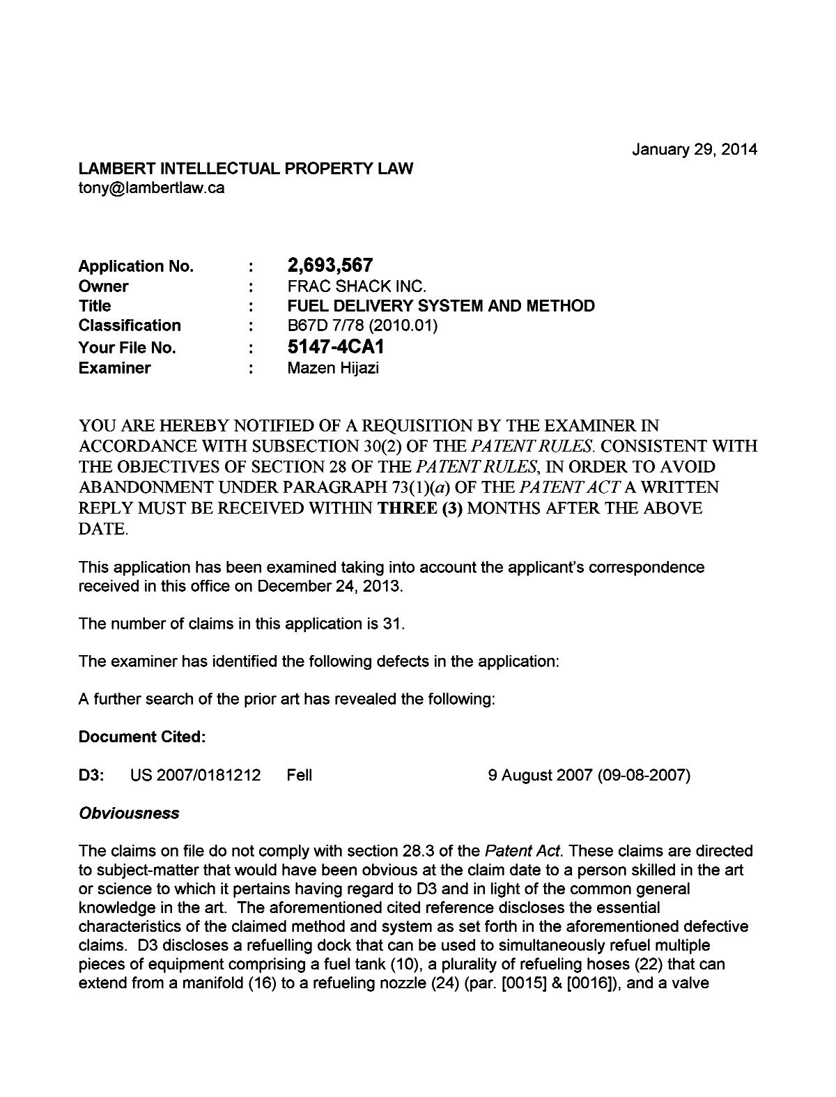 Document de brevet canadien 2693567. Poursuite-Amendment 20131229. Image 1 de 2
