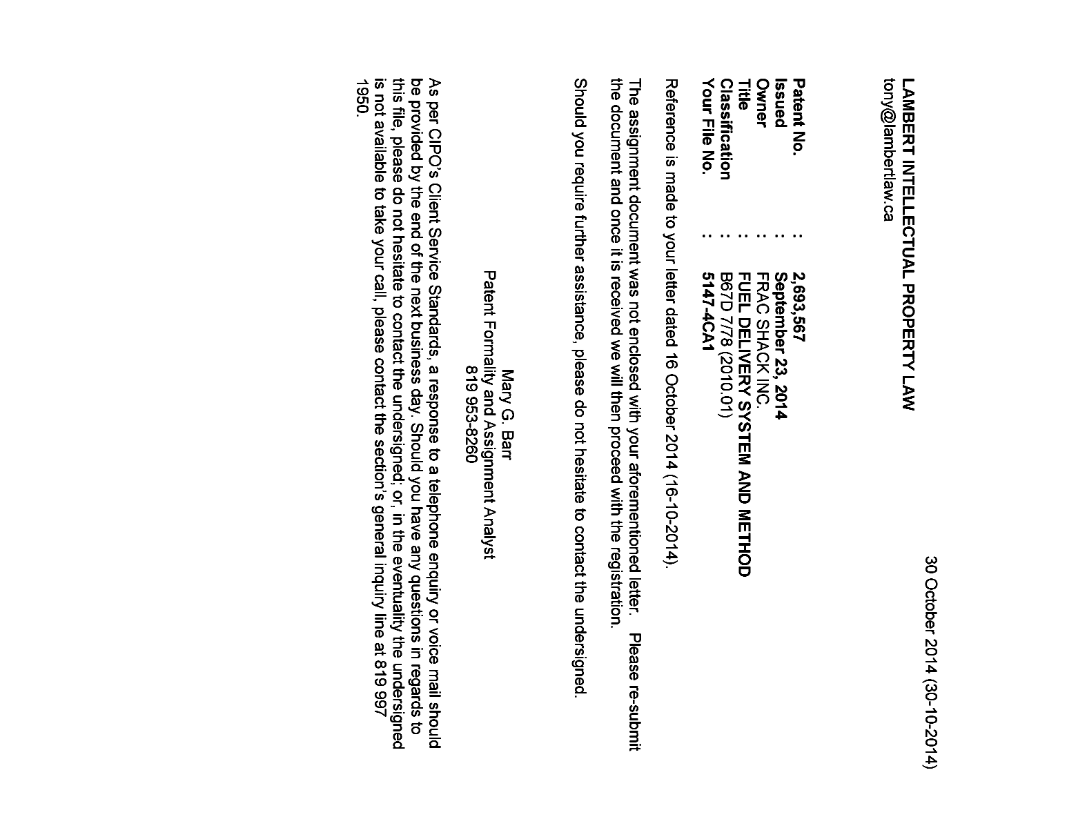 Canadian Patent Document 2693567. Correspondence 20131231. Image 1 of 1