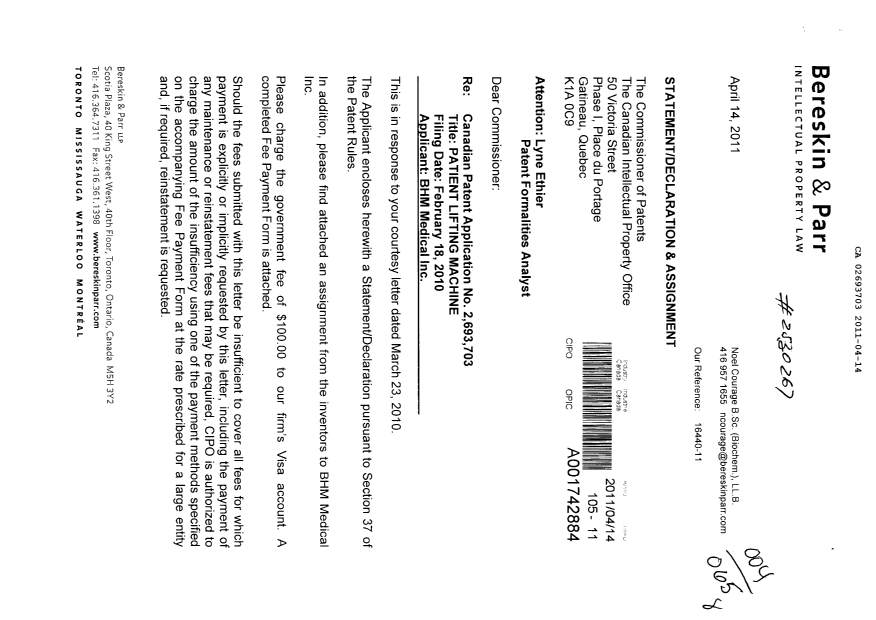 Canadian Patent Document 2693703. Assignment 20110414. Image 1 of 4