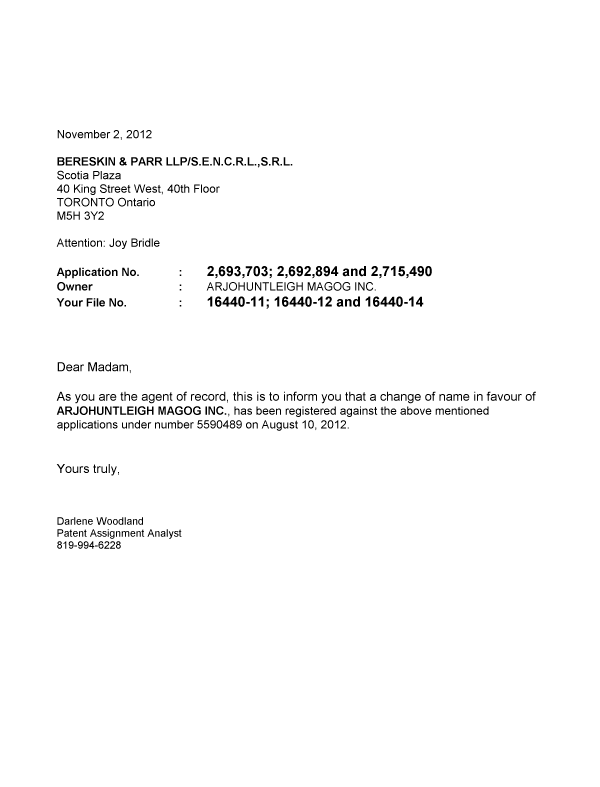 Document de brevet canadien 2693703. Correspondance 20121102. Image 1 de 1