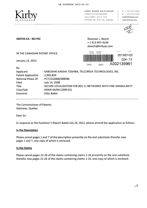 Canadian Patent Document 2693834. Prosecution-Amendment 20130123. Image 1 of 12