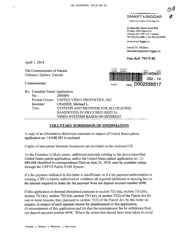 Canadian Patent Document 2693891. Prosecution-Amendment 20140401. Image 1 of 3