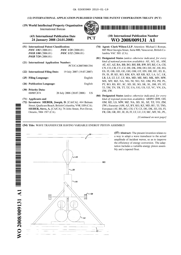 Canadian Patent Document 2693989. Abstract 20091219. Image 1 of 2