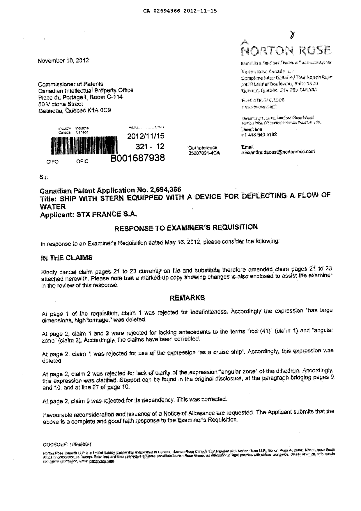 Canadian Patent Document 2694366. Prosecution-Amendment 20121115. Image 1 of 9