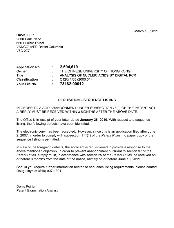 Canadian Patent Document 2694619. Correspondence 20101210. Image 1 of 1