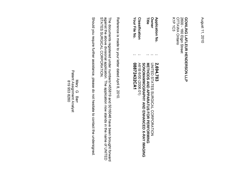 Canadian Patent Document 2694783. Correspondence 20100811. Image 1 of 1