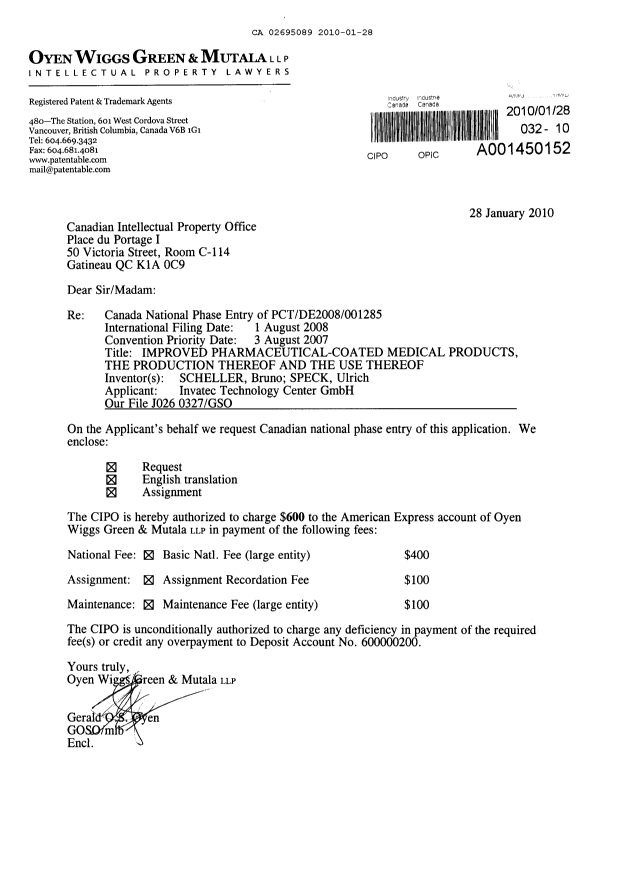 Document de brevet canadien 2695089. Cession 20100128. Image 1 de 4