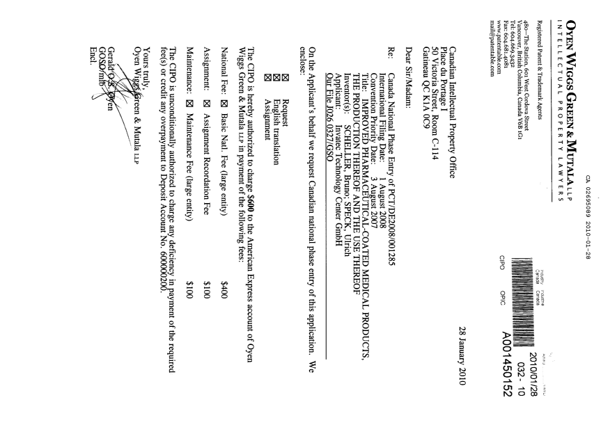 Canadian Patent Document 2695089. Assignment 20100128. Image 1 of 4