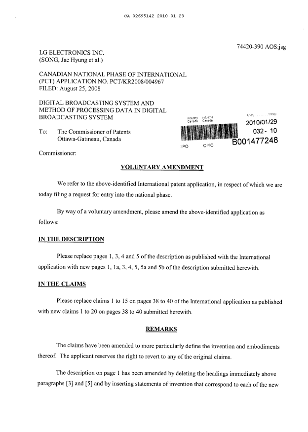 Canadian Patent Document 2695142. Prosecution-Amendment 20100129. Image 1 of 12