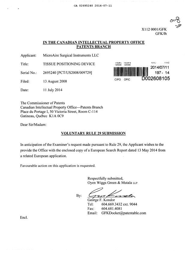 Document de brevet canadien 2695240. Poursuite-Amendment 20140711. Image 1 de 1