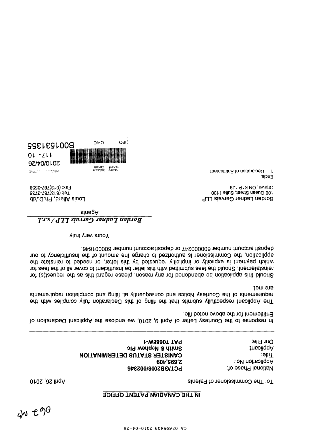 Canadian Patent Document 2695409. Correspondence 20091226. Image 1 of 2