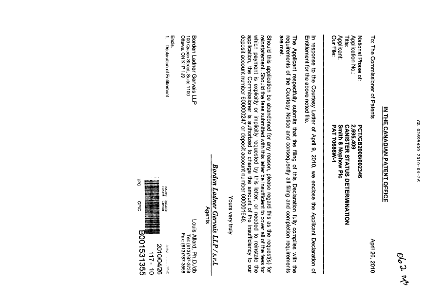 Document de brevet canadien 2695409. Correspondance 20091226. Image 1 de 2