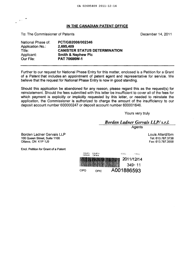 Document de brevet canadien 2695409. Correspondance 20111214. Image 1 de 3
