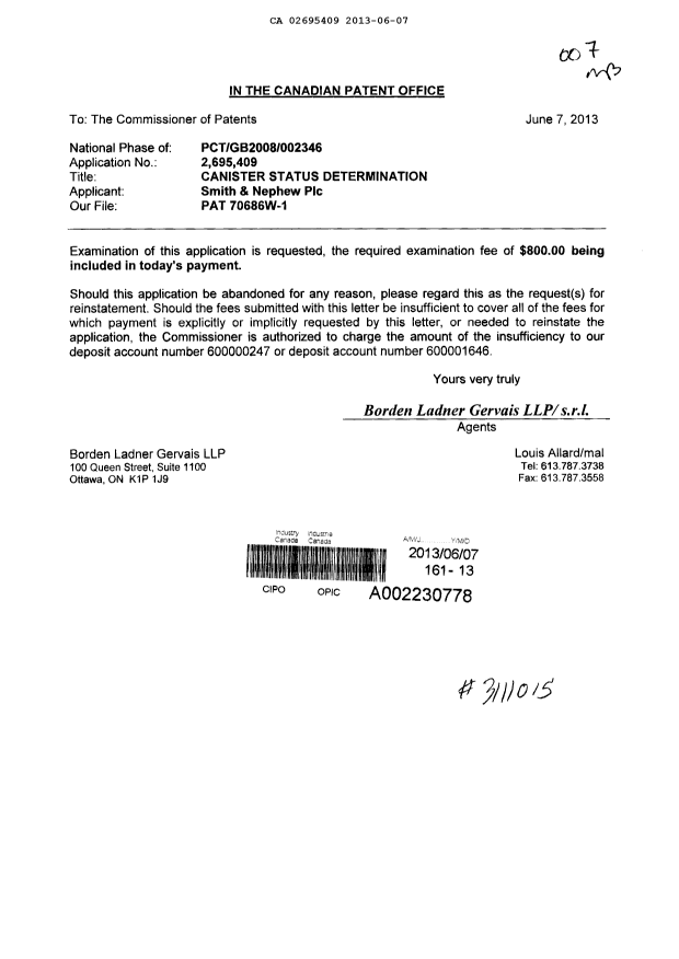 Document de brevet canadien 2695409. Poursuite-Amendment 20130607. Image 1 de 1