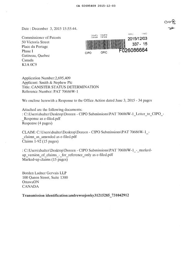 Document de brevet canadien 2695409. Modification 20151203. Image 1 de 35