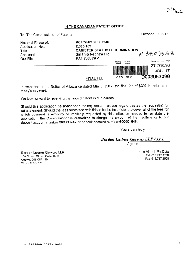 Canadian Patent Document 2695409. Correspondence 20161230. Image 1 of 1