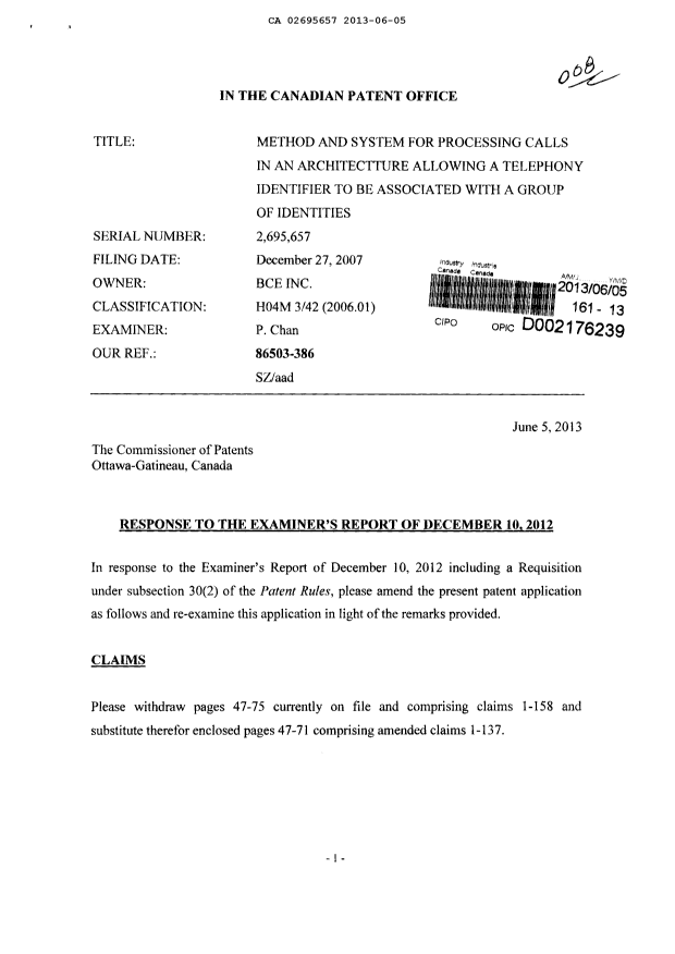 Canadian Patent Document 2695657. Prosecution-Amendment 20121205. Image 1 of 30